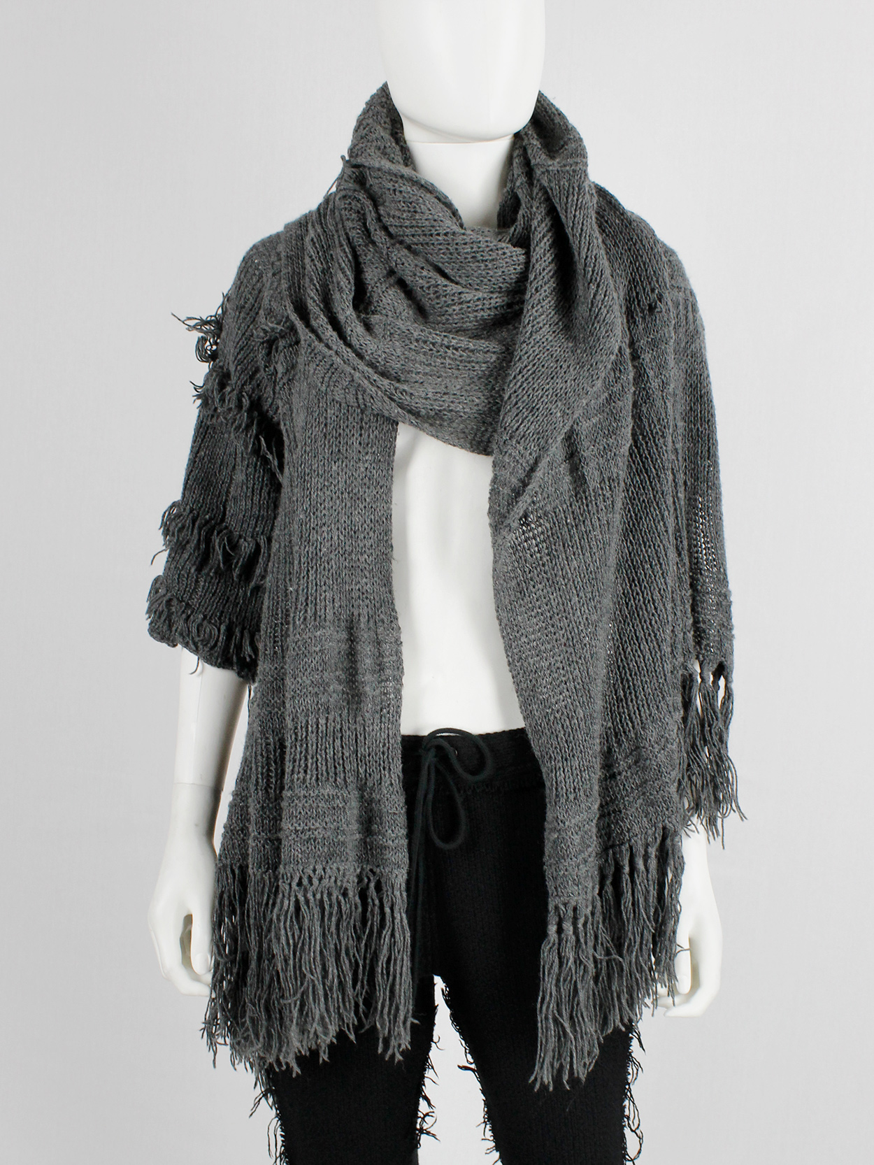 Wim Neels grey frayed extra long scarf with one sleeve 1990s (2)