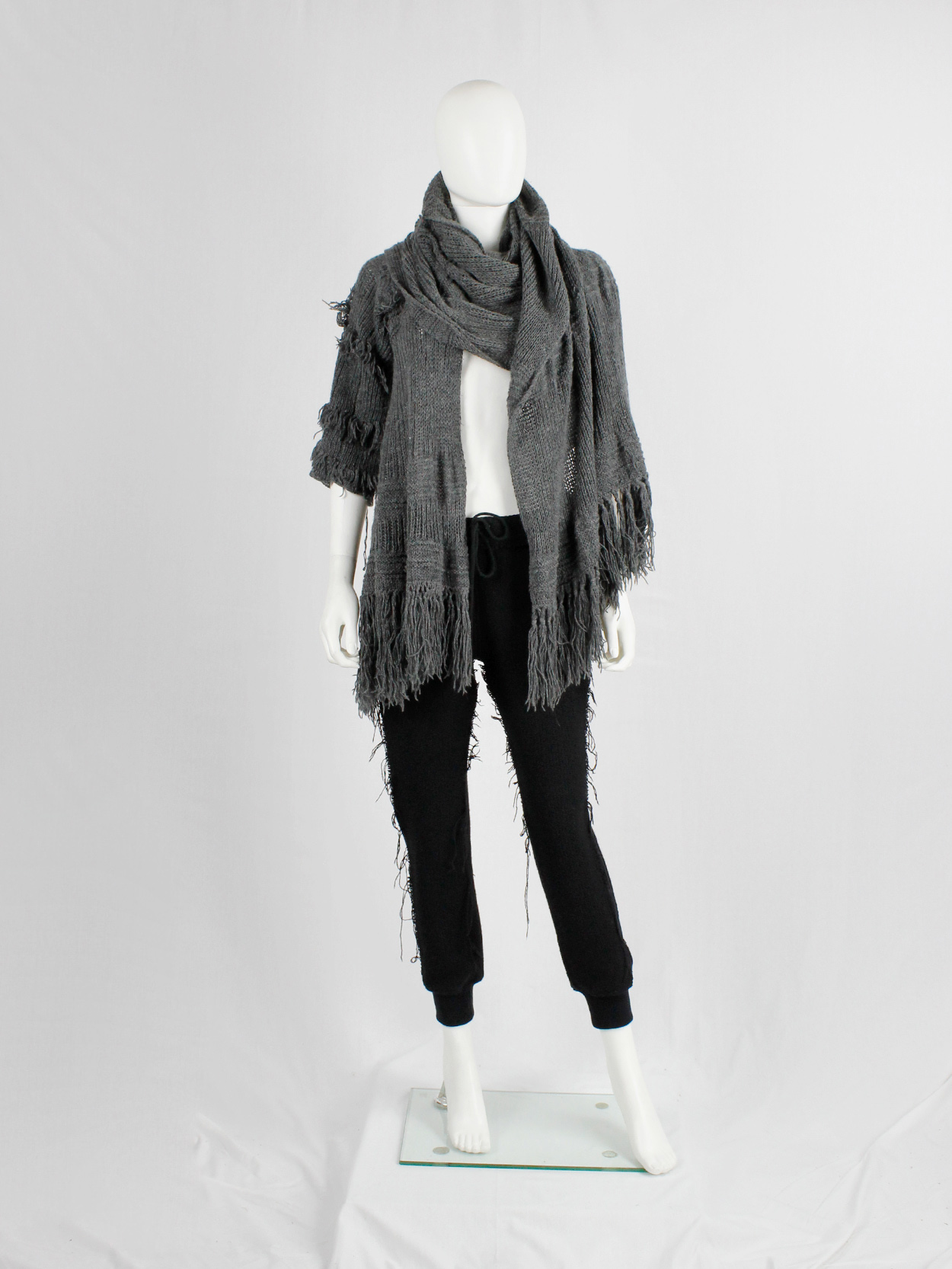 Wim Neels grey frayed extra long scarf with one sleeve 1990s (3)