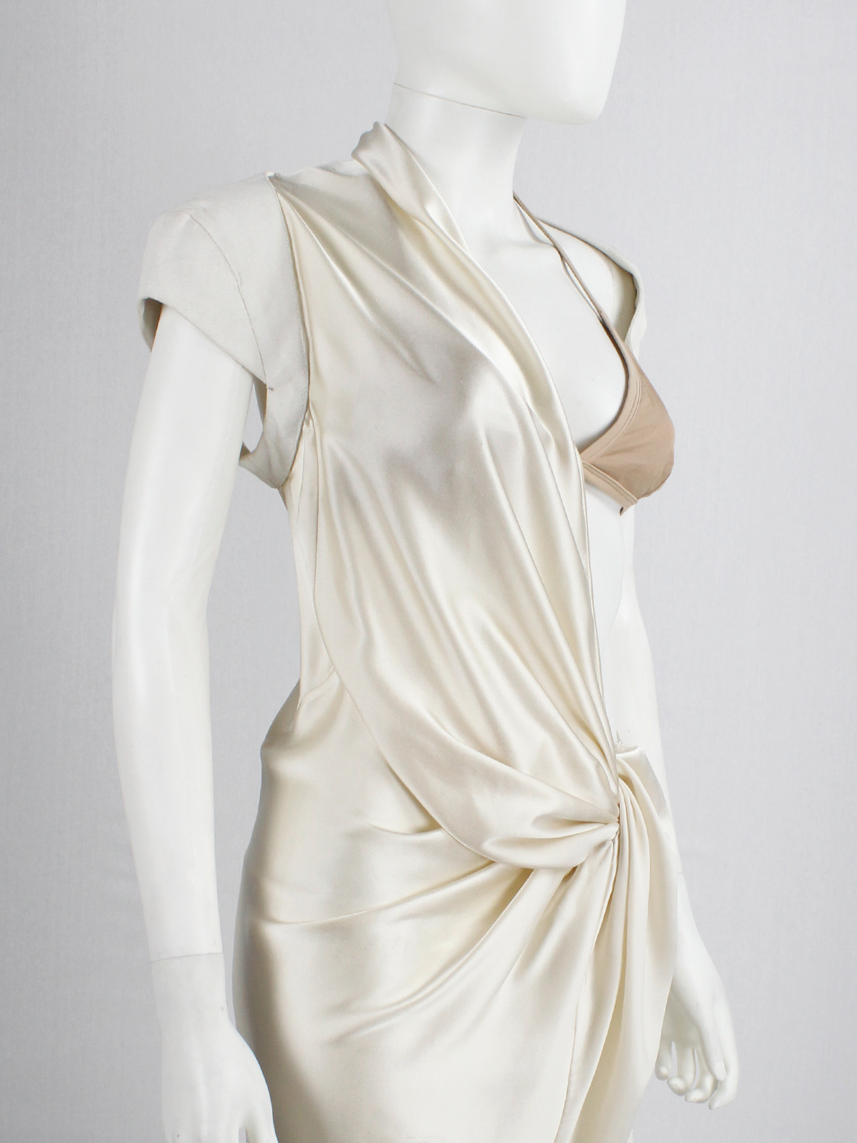 A.F. Vandevorst pearl draped one-bust dress with white burlap shoulder panel spring 2011 (8)