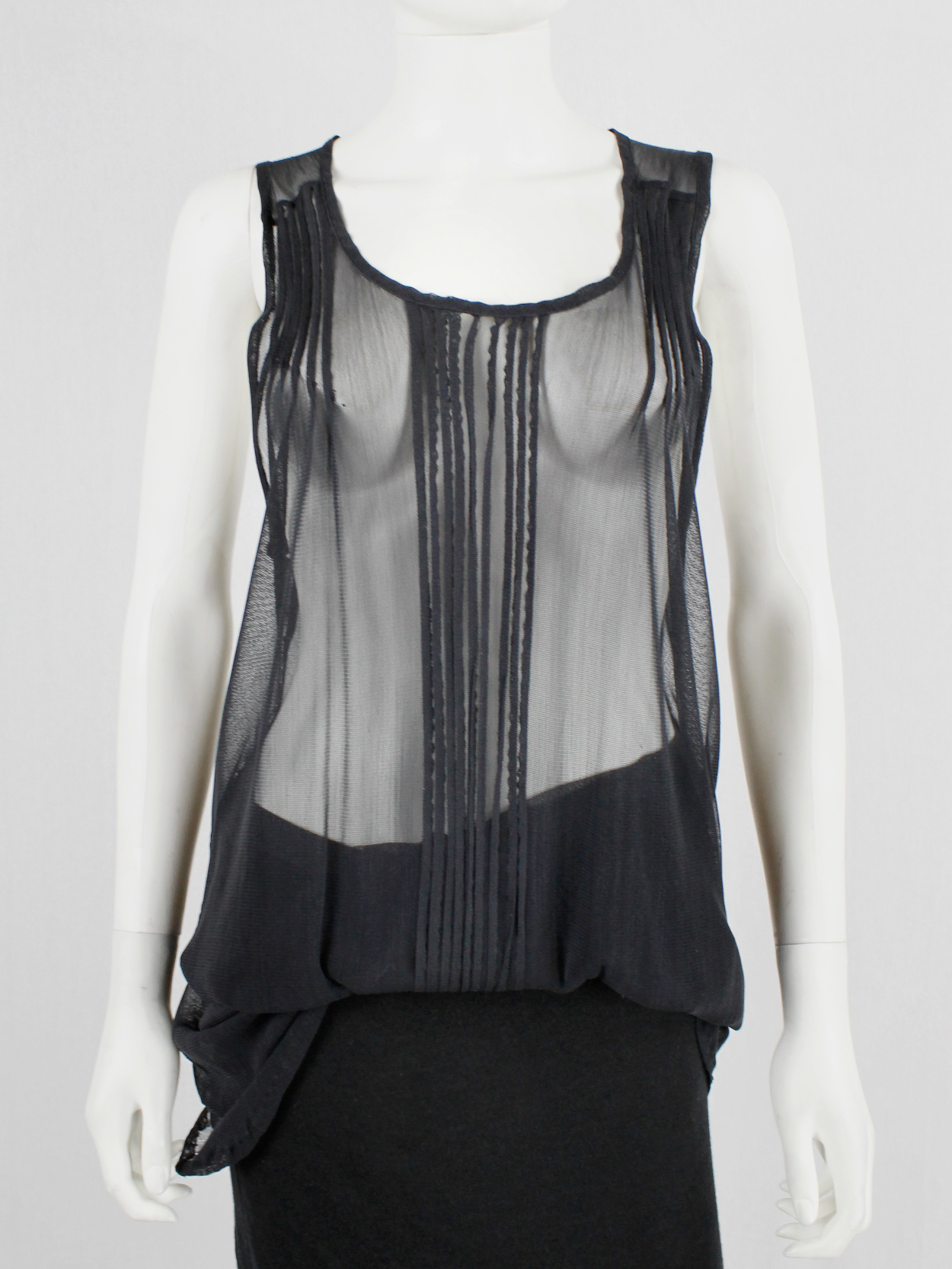 Ann Demeulemeester black long sheer top with pleated lines — fall 2013 ...