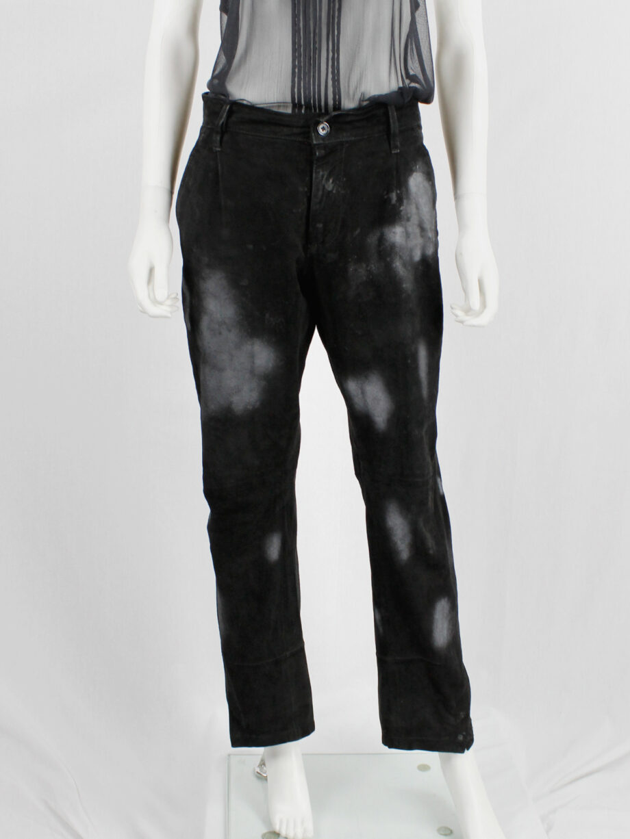Ann Demeulemeester black suede trousers with light blue spraypainted pattern (7)