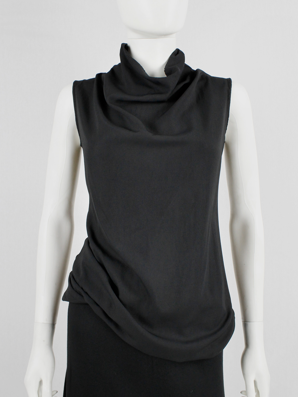 Ann Demeulemeester black long top with cowl draped neckline — fall 1998 ...