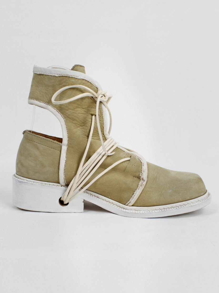 Dirk Bikkembergs beige cut out boots with white trim and laces through the soles 1990s 90s (1)