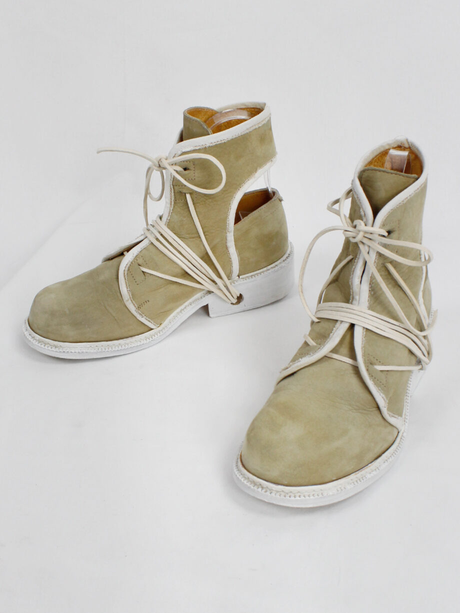 Dirk Bikkembergs beige cut out boots with white trim and laces through the soles 1990s 90s (10)