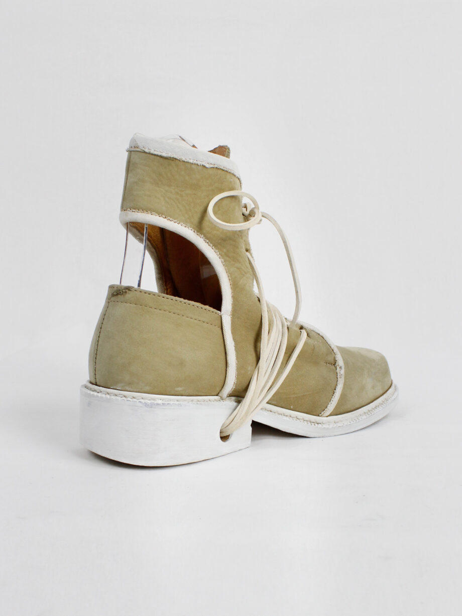Dirk Bikkembergs beige cut out boots with white trim and laces through the soles 1990s 90s (2)
