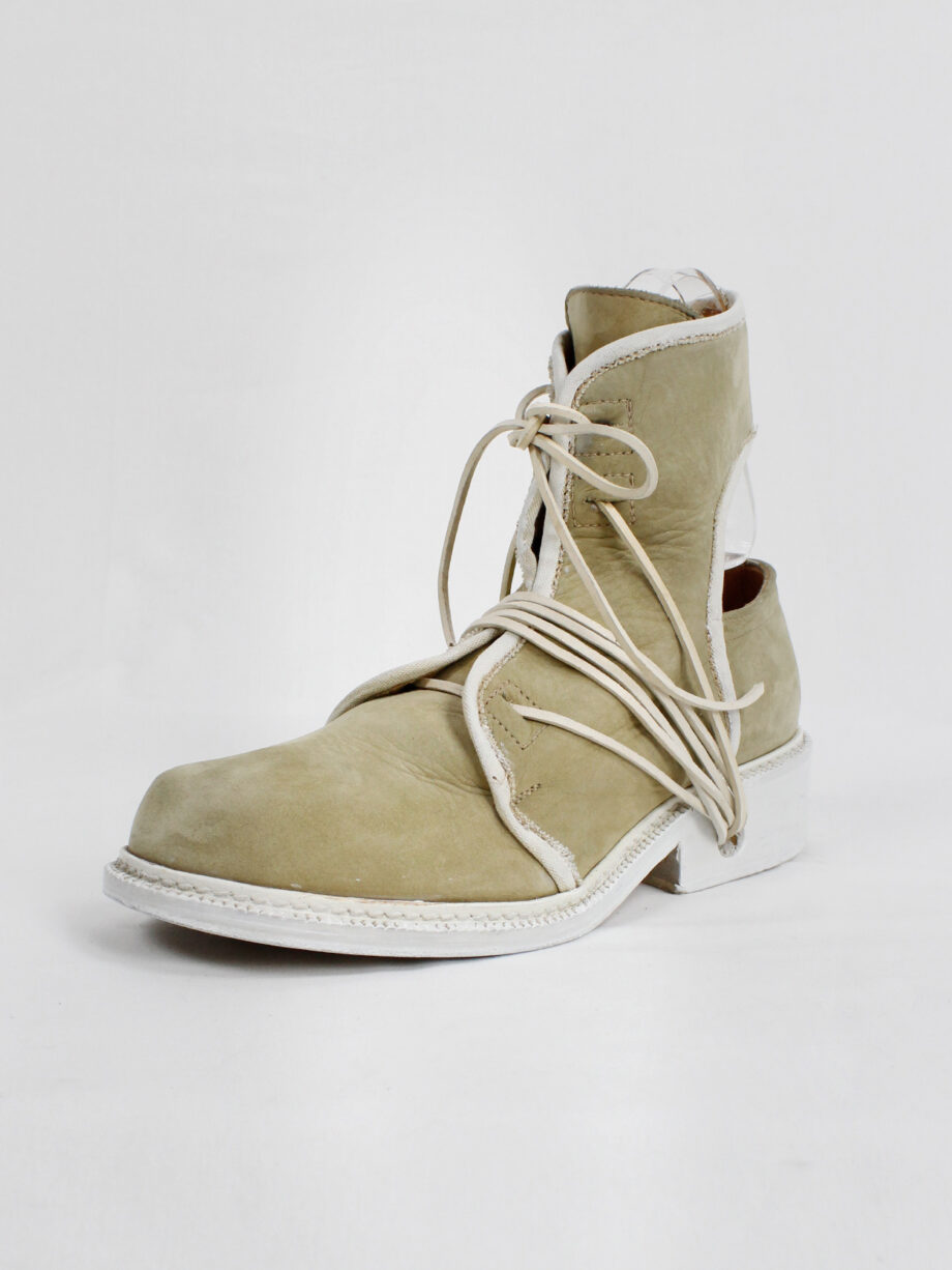 Dirk Bikkembergs beige cut out boots with white trim and laces through the soles 1990s 90s (22)