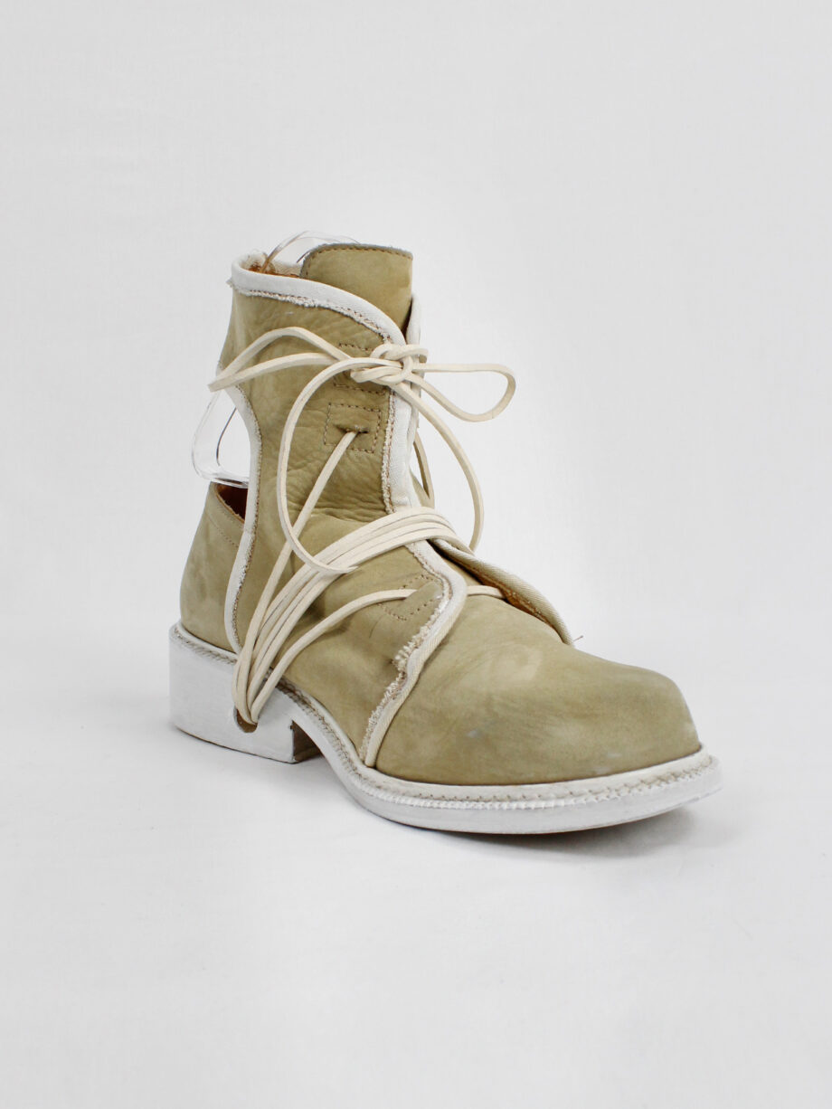 Dirk Bikkembergs beige cut out boots with white trim and laces through the soles 1990s 90s (24)