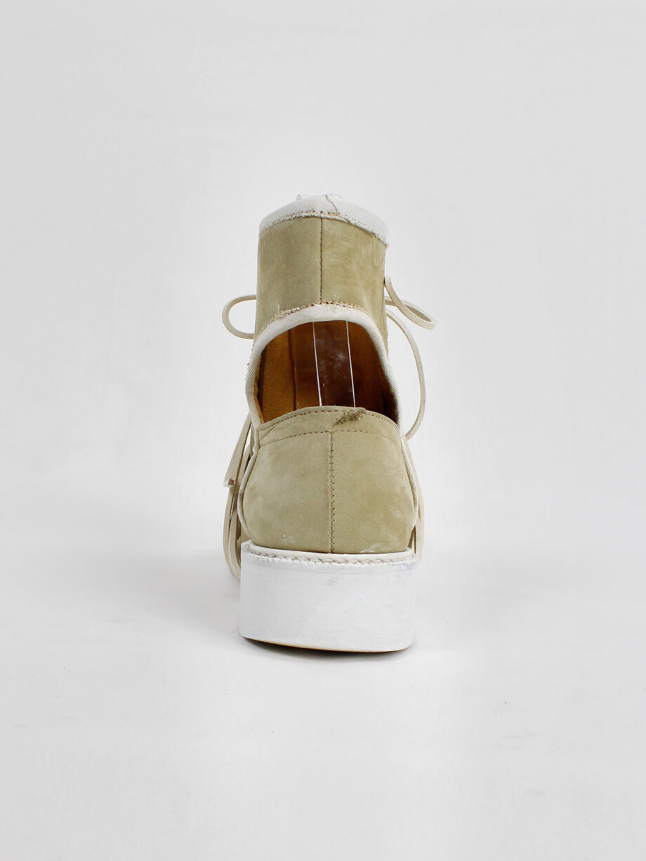 Dirk Bikkembergs beige cut out boots with white trim and laces through the soles 1990s 90s (3)