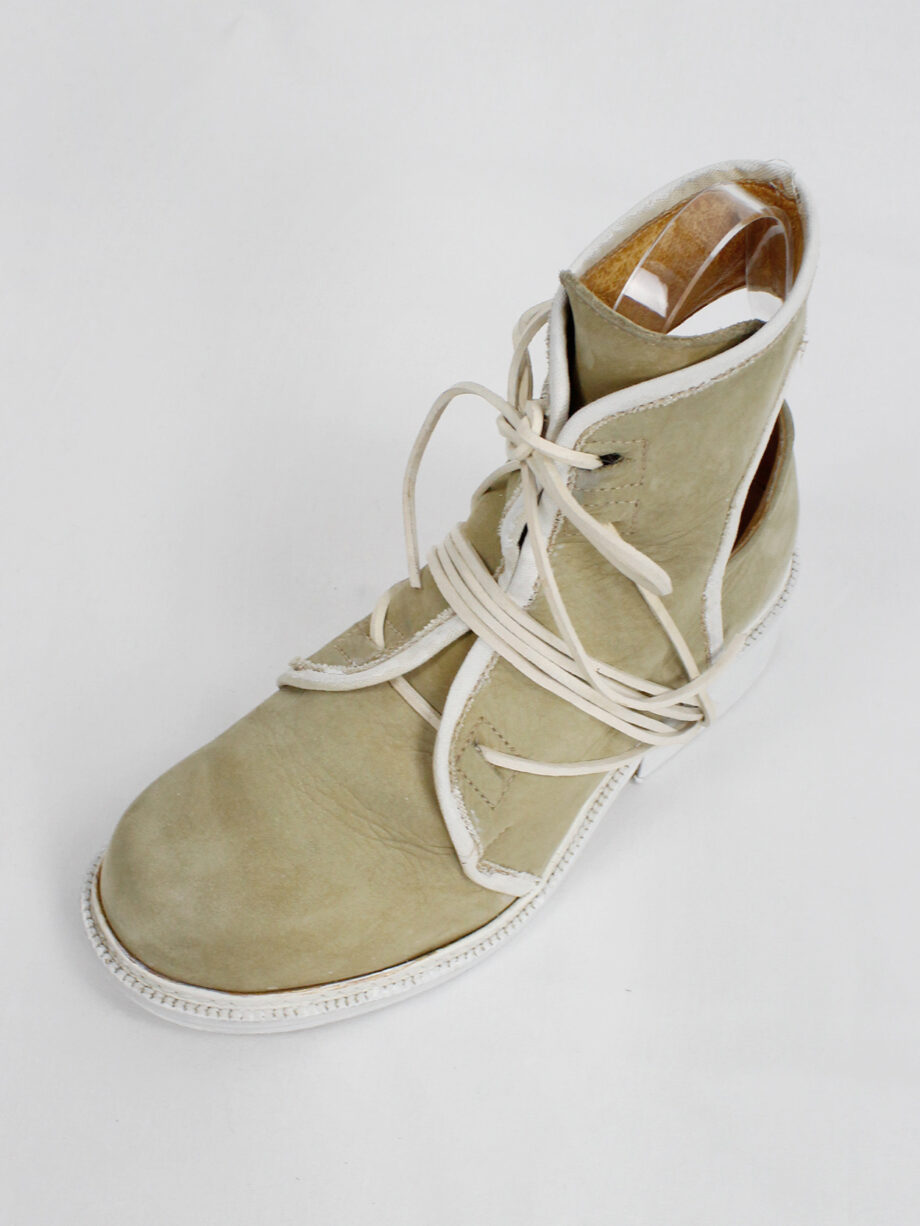 Dirk Bikkembergs beige cut out boots with white trim and laces through the soles 1990s 90s (8)