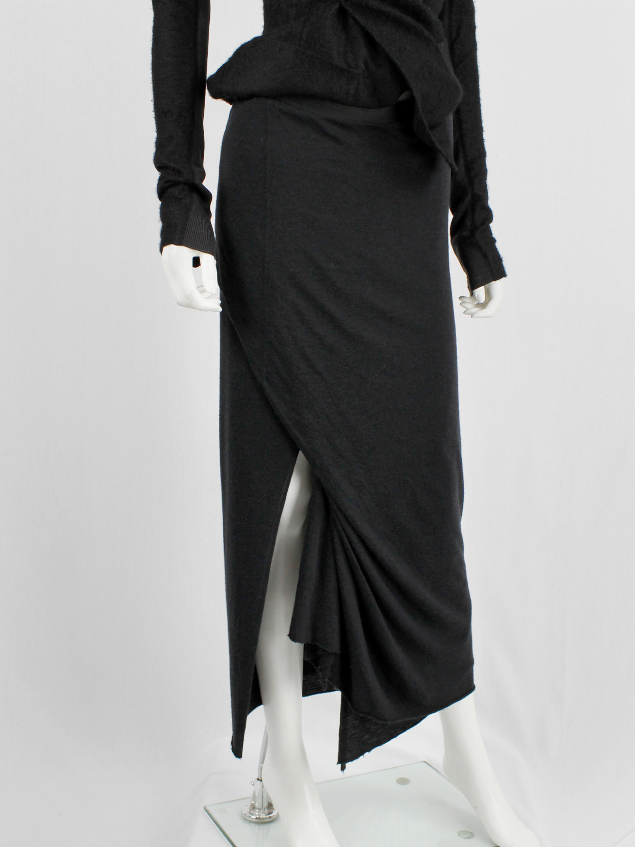Rick Owens Lilies black maxi skirt with a slit created by a front drape ...