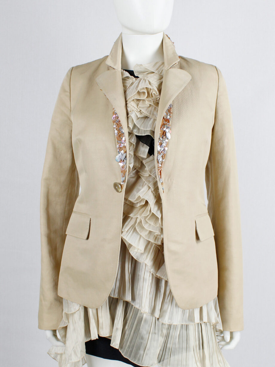 A.F. Vandevorst beige blazer with pink leaf sequins underneath the collar — spring 2000 (18)