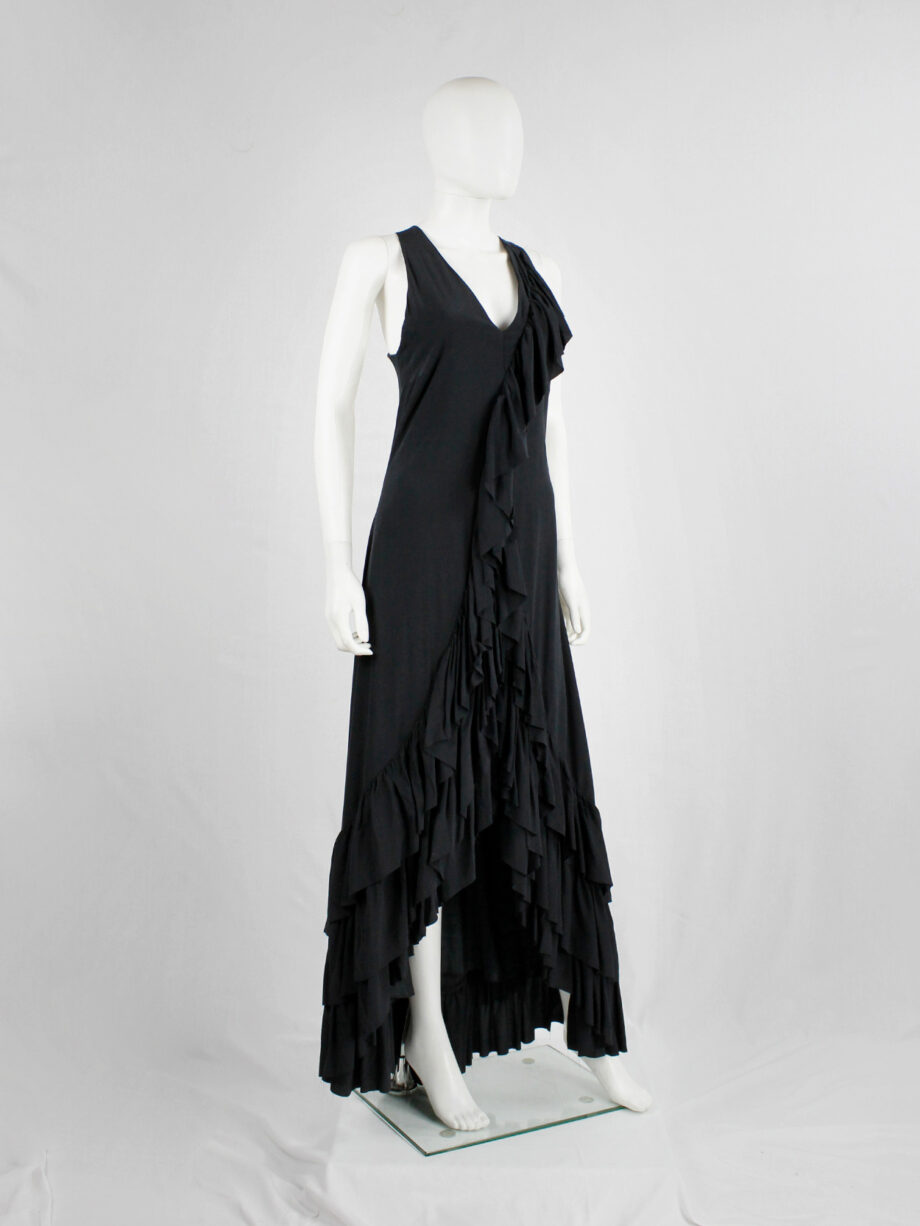 A.F. Vandevorst black maxi dress with front ruffle and heavily tiered skirt spring 2004 (8)
