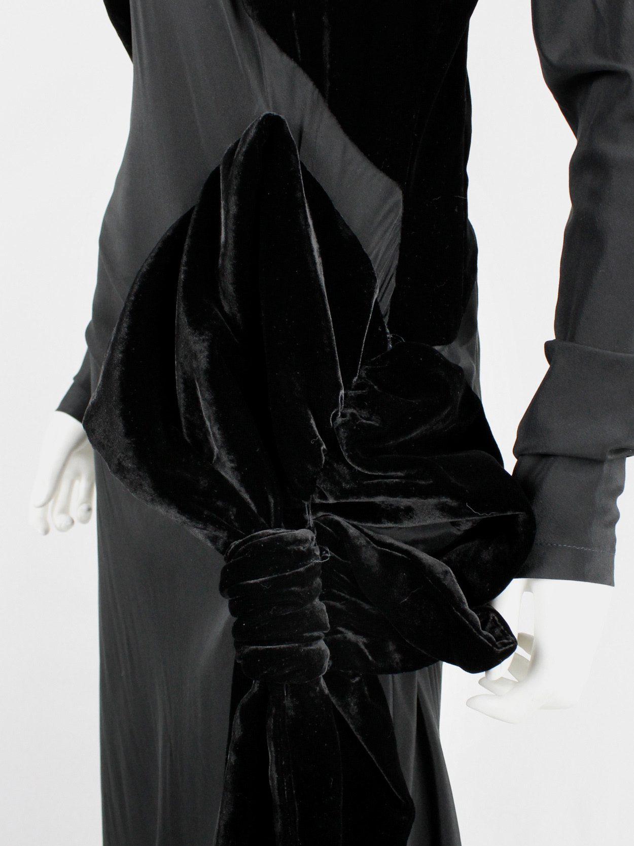 A.F. Vandevorst black maxi dress with velvet bustier and unraveled bow ...