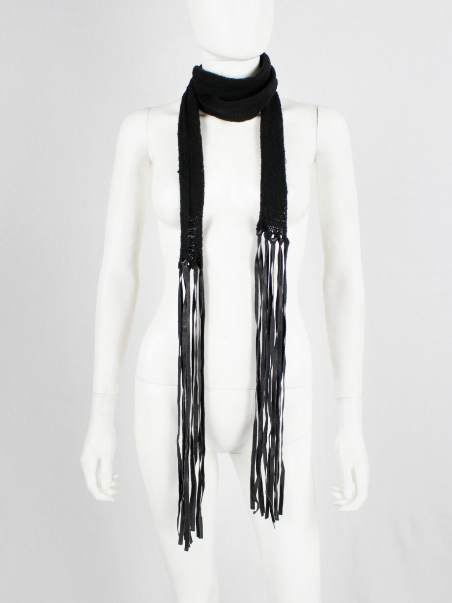 Ann Demeulemeester black long knit scarf with leather tassels (2)