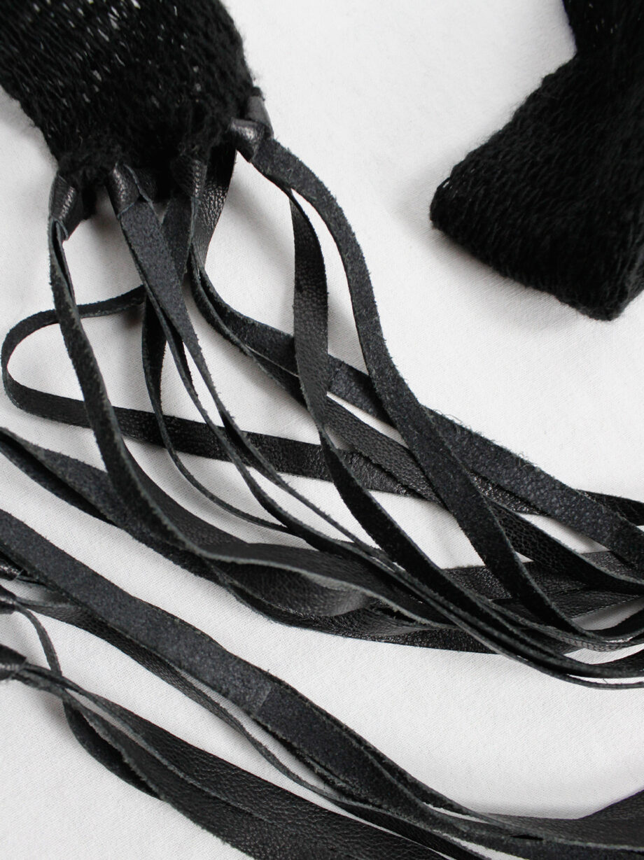 Ann Demeulemeester black long knit scarf with leather tassels (5)