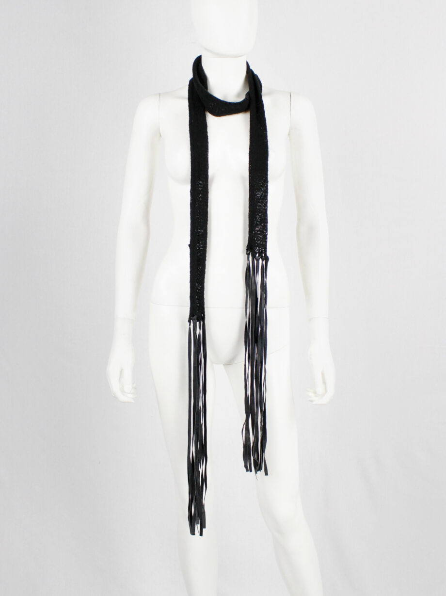 Ann Demeulemeester black long knit scarf with leather tassels (9)