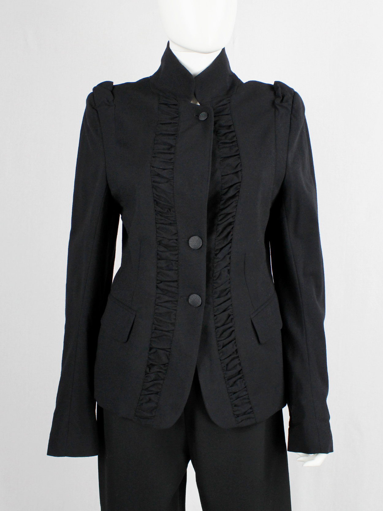 Ann Demeulemeester black victorian blazer with front ruching and woven ...