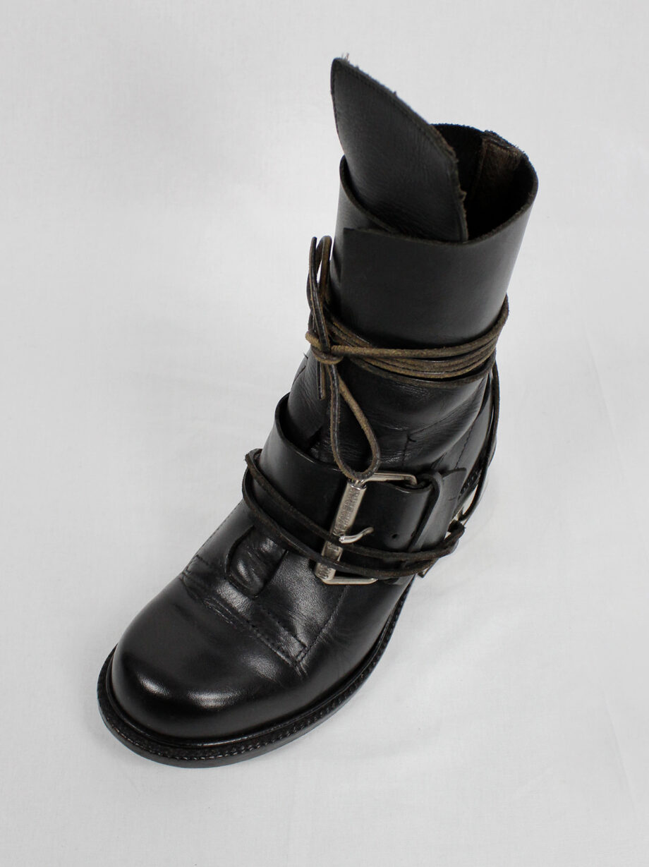 Dirk Bikkembergs black tall boots with belt and laces through the metal heel 1990s 90s (1)