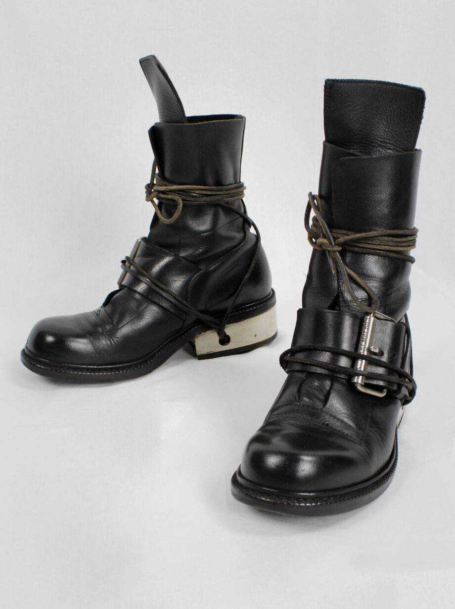 Dirk Bikkembergs black tall boots with belt and laces through the metal heel 1990s 90s (6)