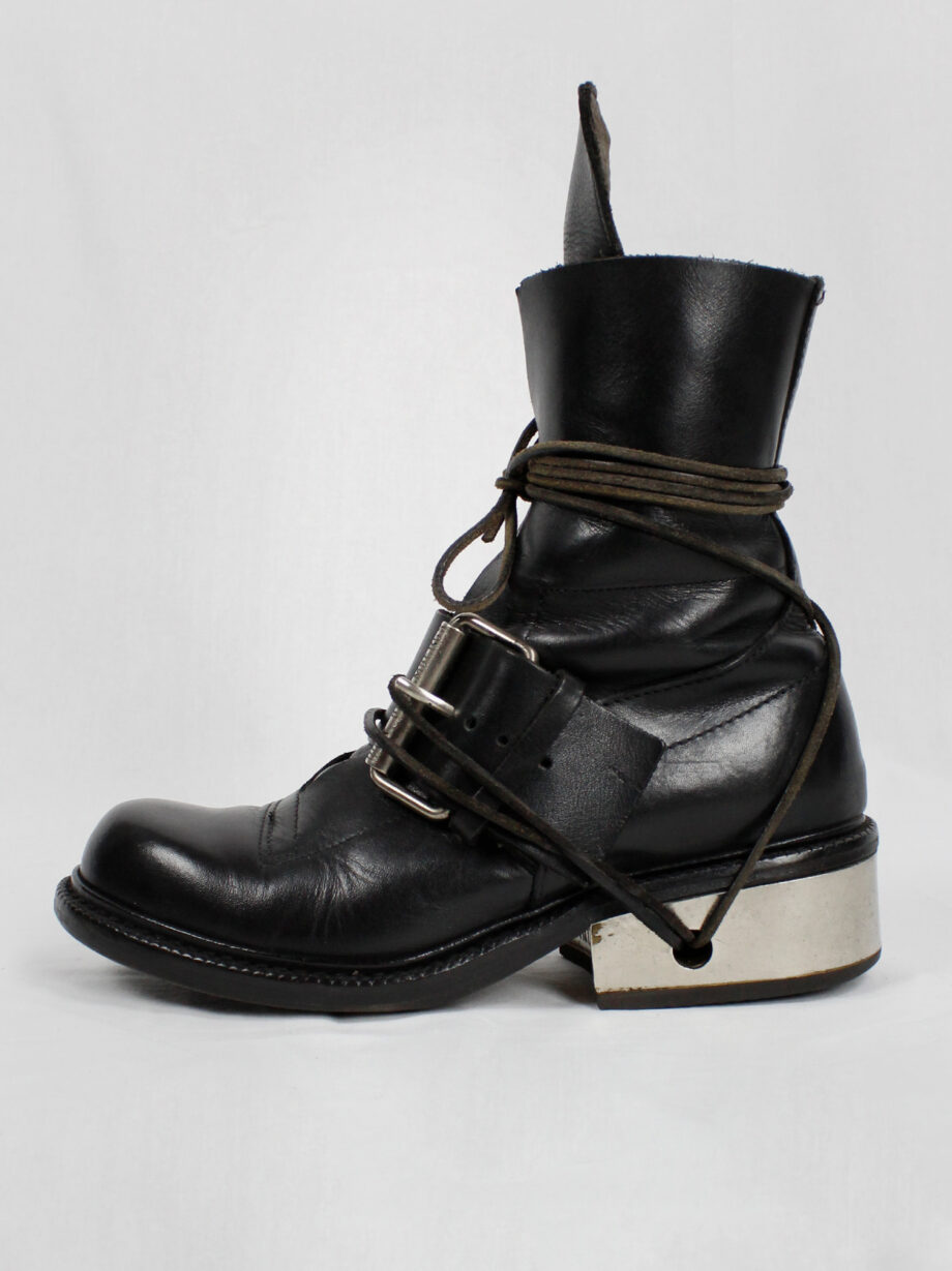 Dirk Bikkembergs black tall boots with belt and laces through the metal heel 1990s 90s (7)