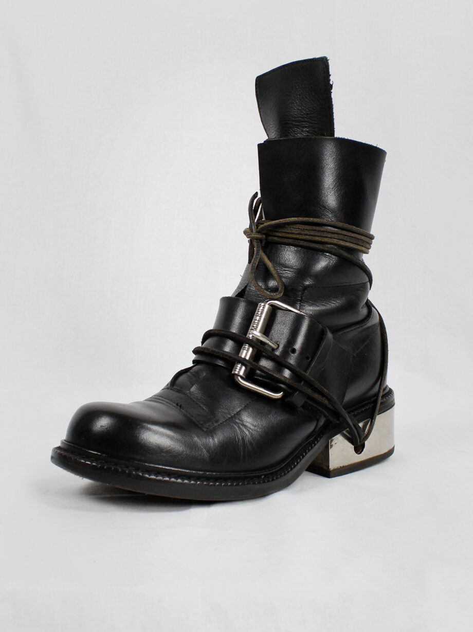 Dirk Bikkembergs black tall boots with belt and laces through the metal heel 1990s 90s (8)