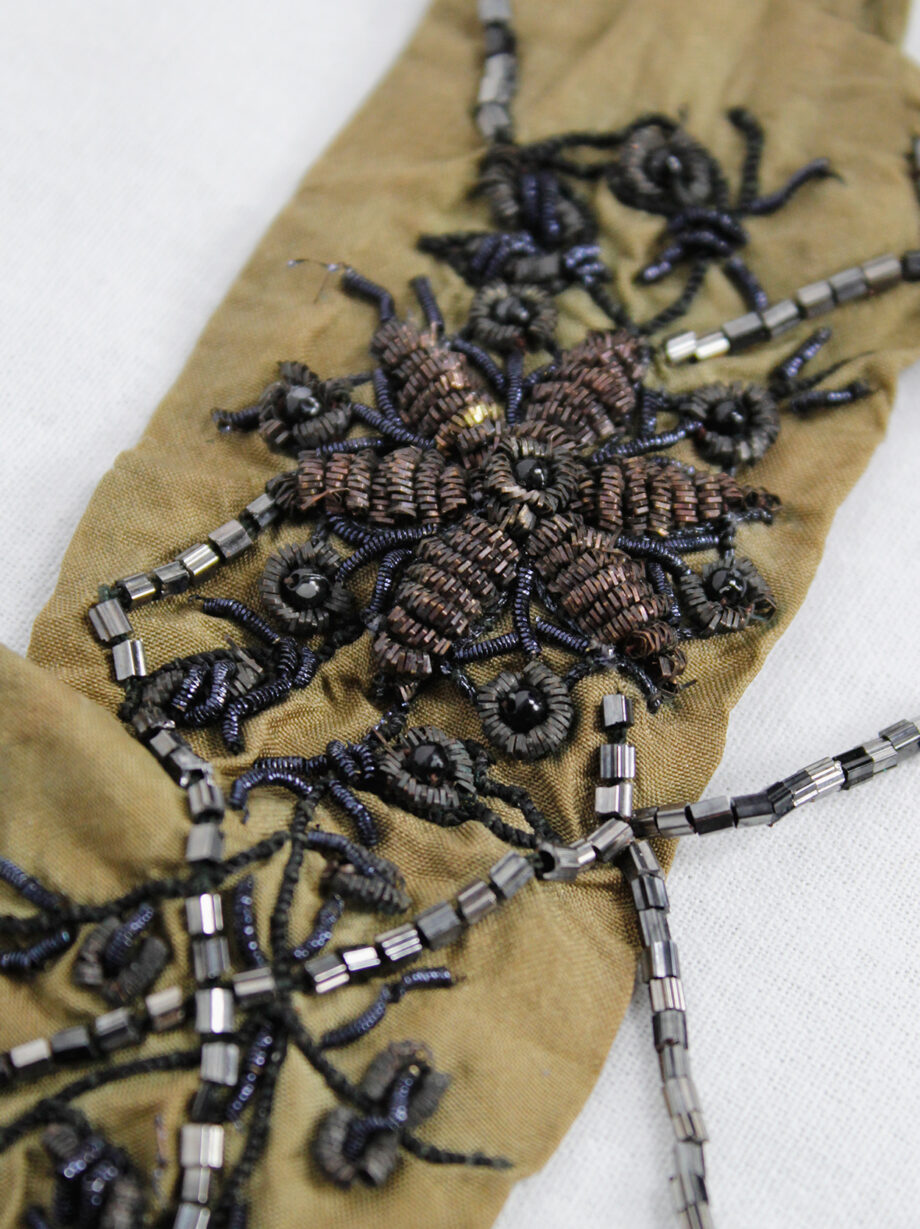 Dries Van Noten brown silk choker with floral embroidery and beaded strands 1980s 80s (1)