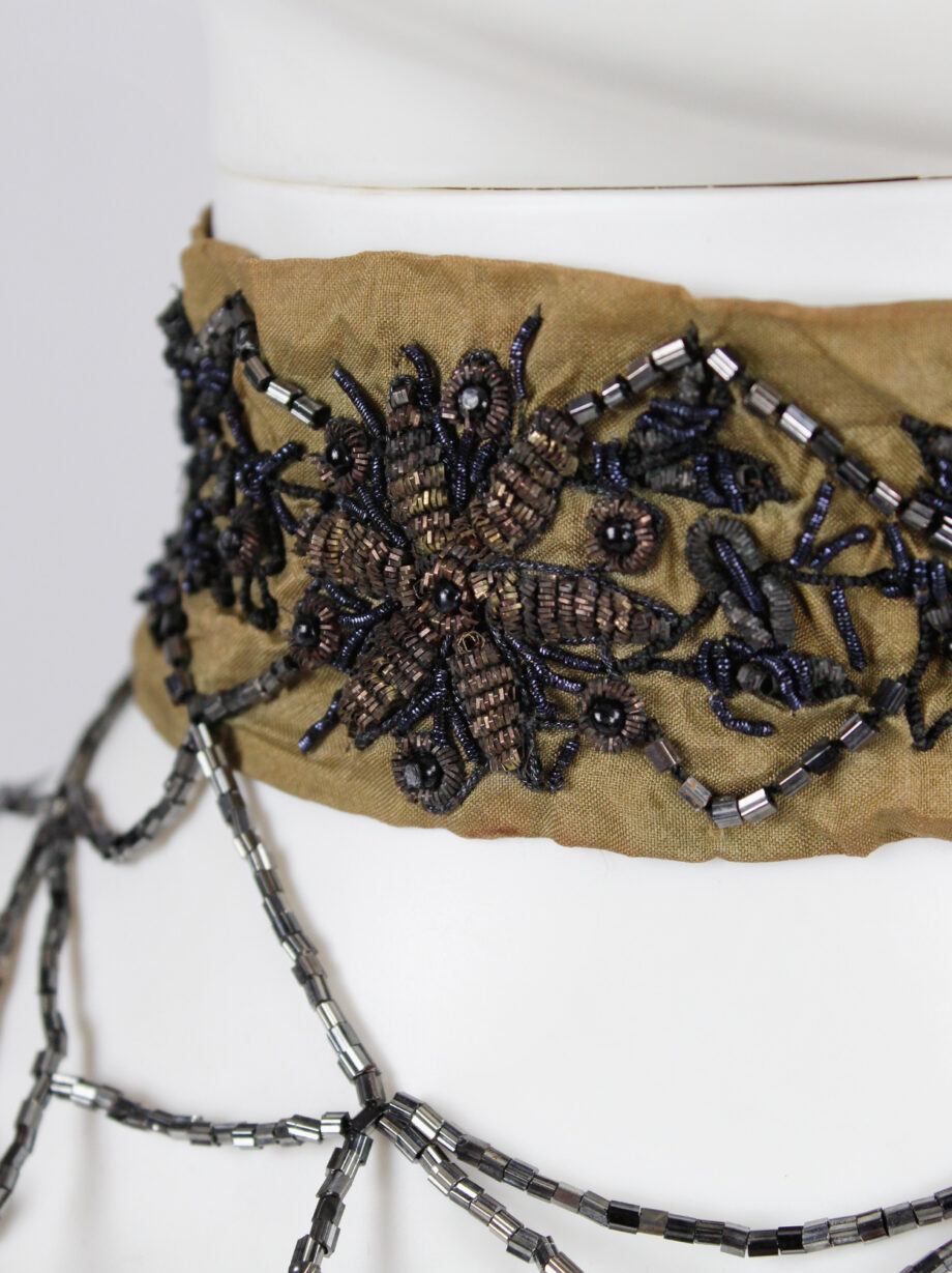 Dries Van Noten brown silk choker with floral embroidery and beaded strands 1980s 80s (10)