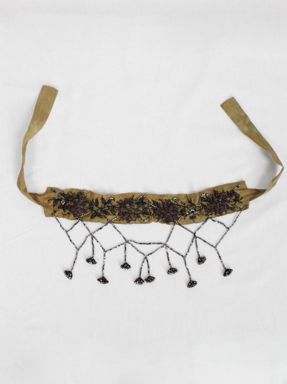 Dries Van Noten brown silk choker with floral embroidery and beaded strands 1980s 80s (13)