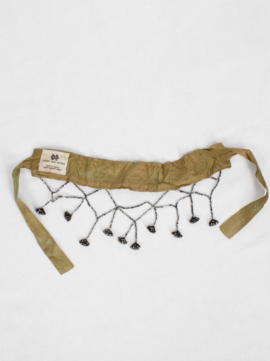 Dries Van Noten brown silk choker with floral embroidery and beaded strands 1980s 80s (2)