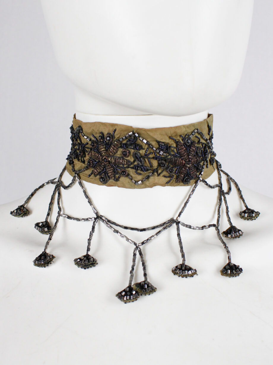 Dries Van Noten brown silk choker with floral embroidery and beaded strands 1980s 80s (6)