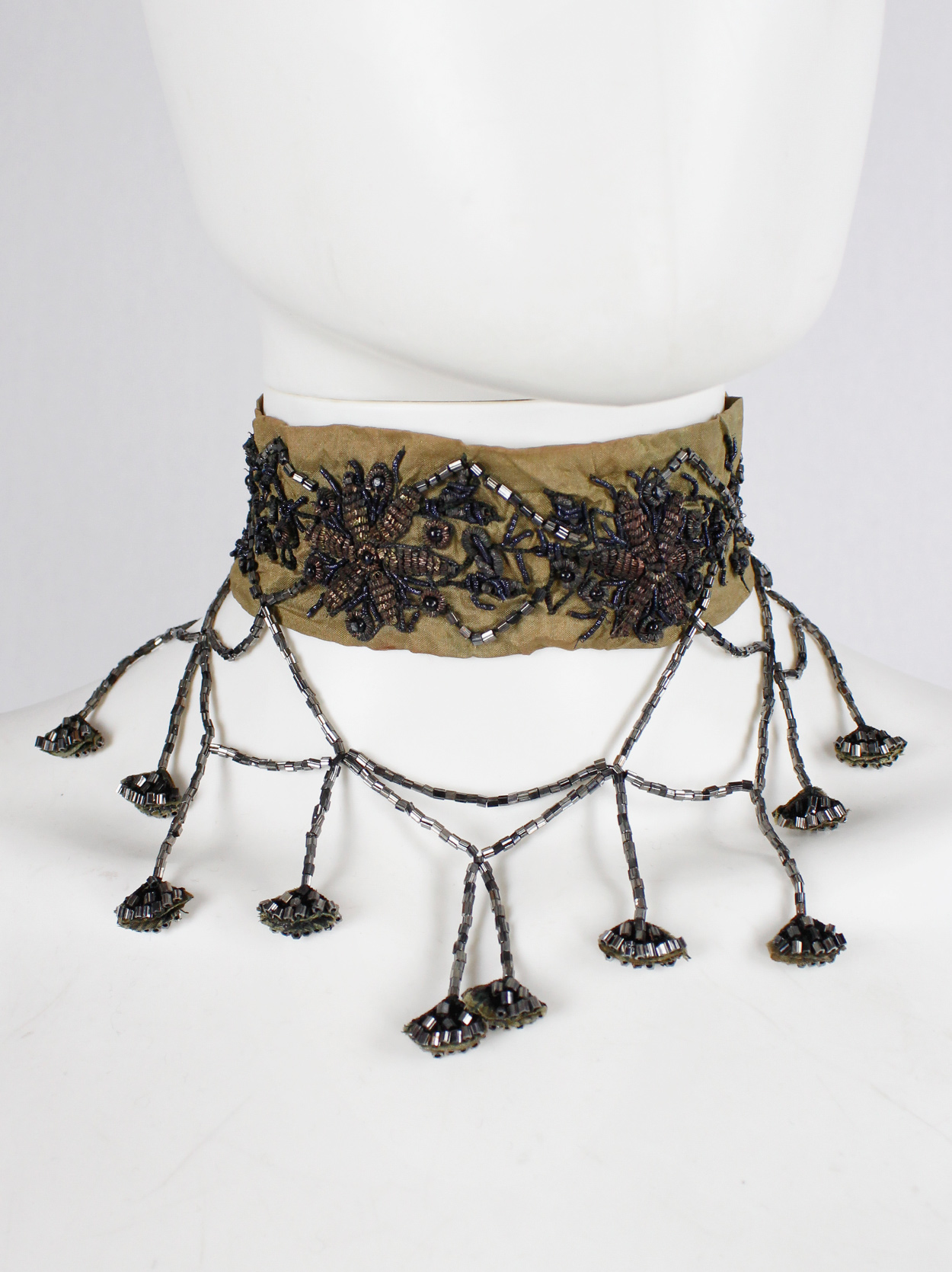 Dries Van Noten brown silk choker with floral embroidery and beaded ...