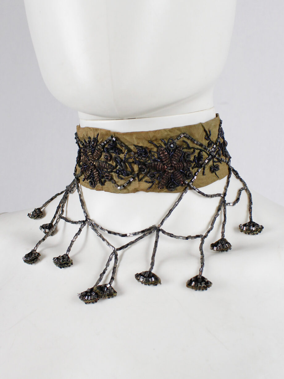 Dries Van Noten brown silk choker with floral embroidery and beaded strands 1980s 80s (7)