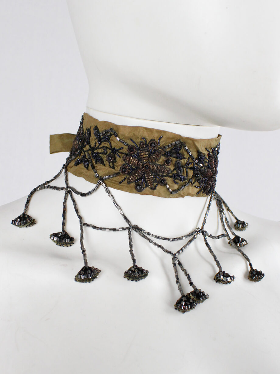 Dries Van Noten brown silk choker with floral embroidery and beaded strands 1980s 80s (8)