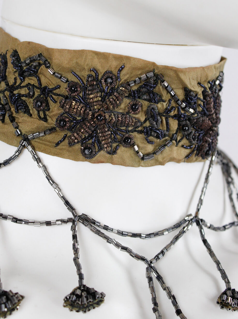 Dries Van Noten brown silk choker with floral embroidery and beaded strands 1980s 80s (9)