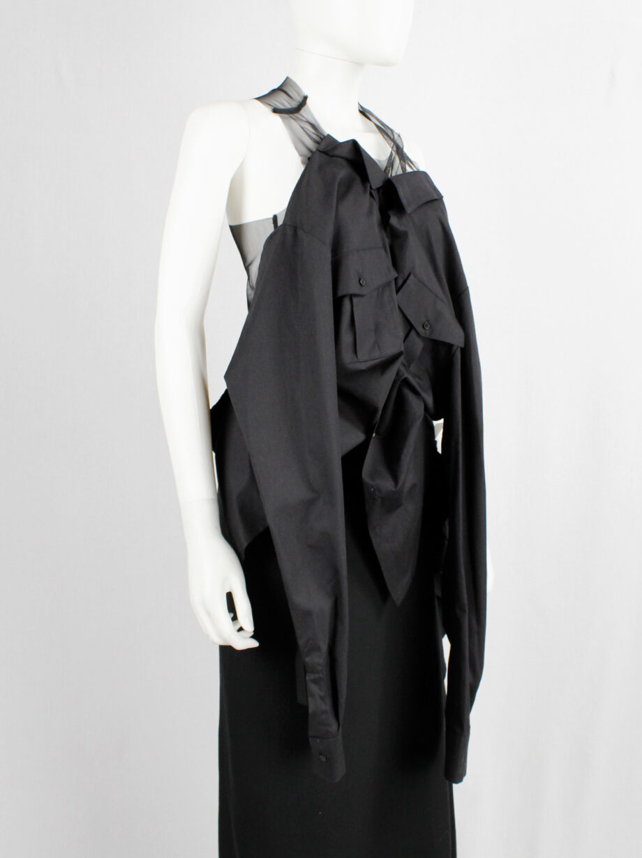 A.F. Vandevorst black sheer top with military shirt draped on the front fall 1999 (12)