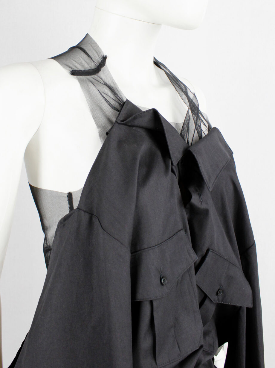 A.F. Vandevorst black sheer top with military shirt draped on the front fall 1999 (13)