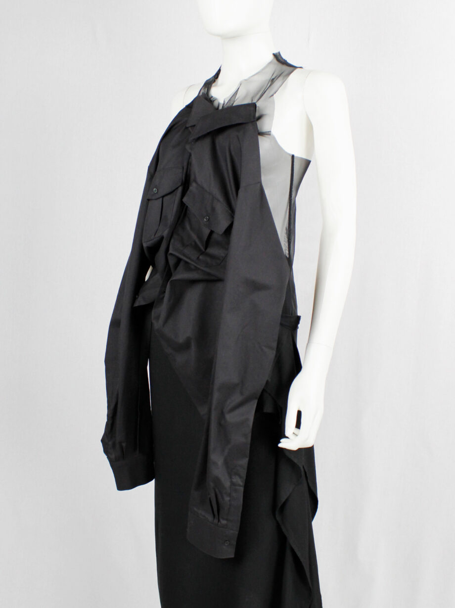 A.F. Vandevorst black sheer top with military shirt draped on the front fall 1999 (14)