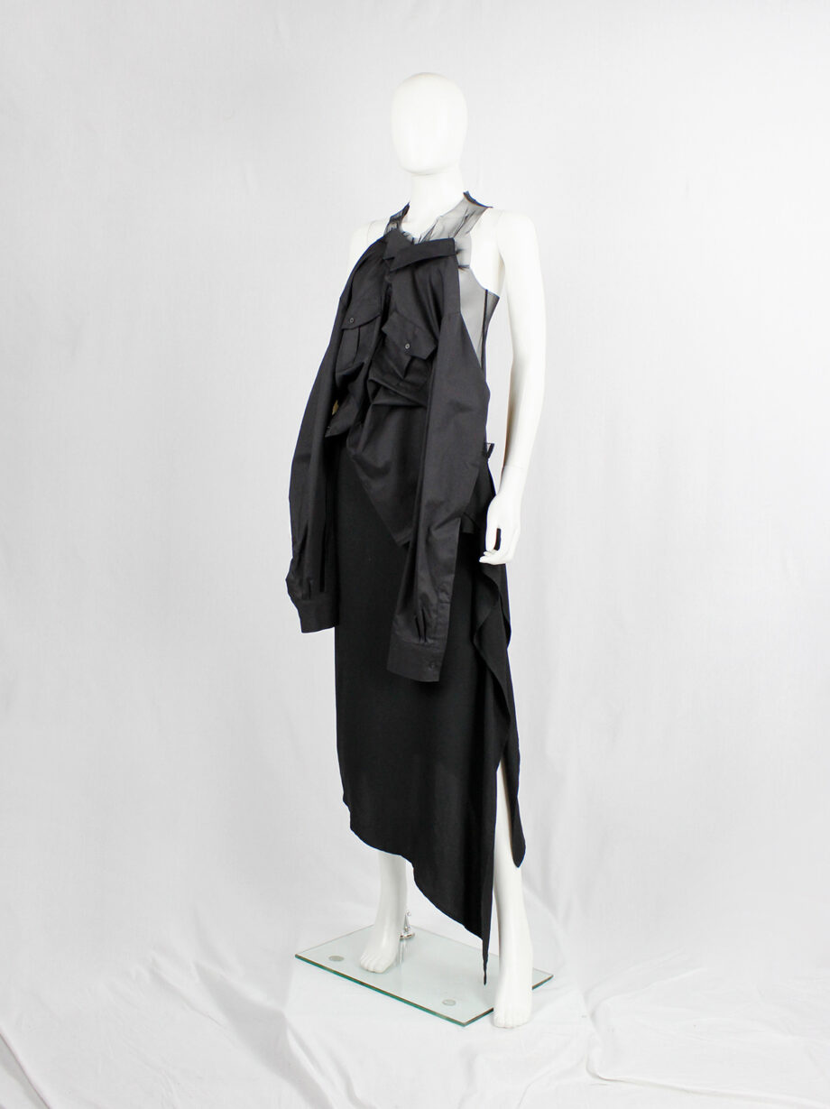 A.F. Vandevorst black sheer top with military shirt draped on the front fall 1999 (16)