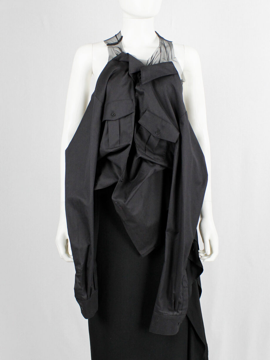 A.F. Vandevorst black sheer top with military shirt draped on the front fall 1999 (6)