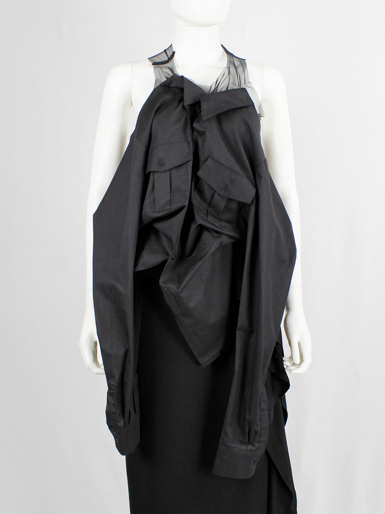 A.F. Vandevorst black sheer top with military shirt draped on the front ...