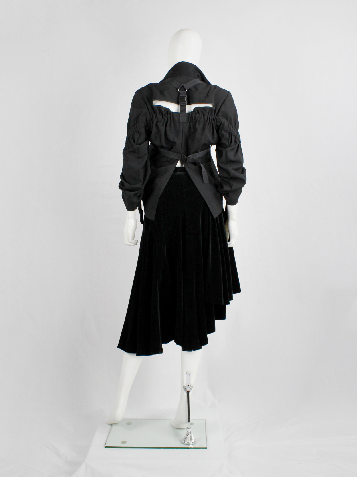 Junya Watanabe black parachute jacket with harness straps and open back ...