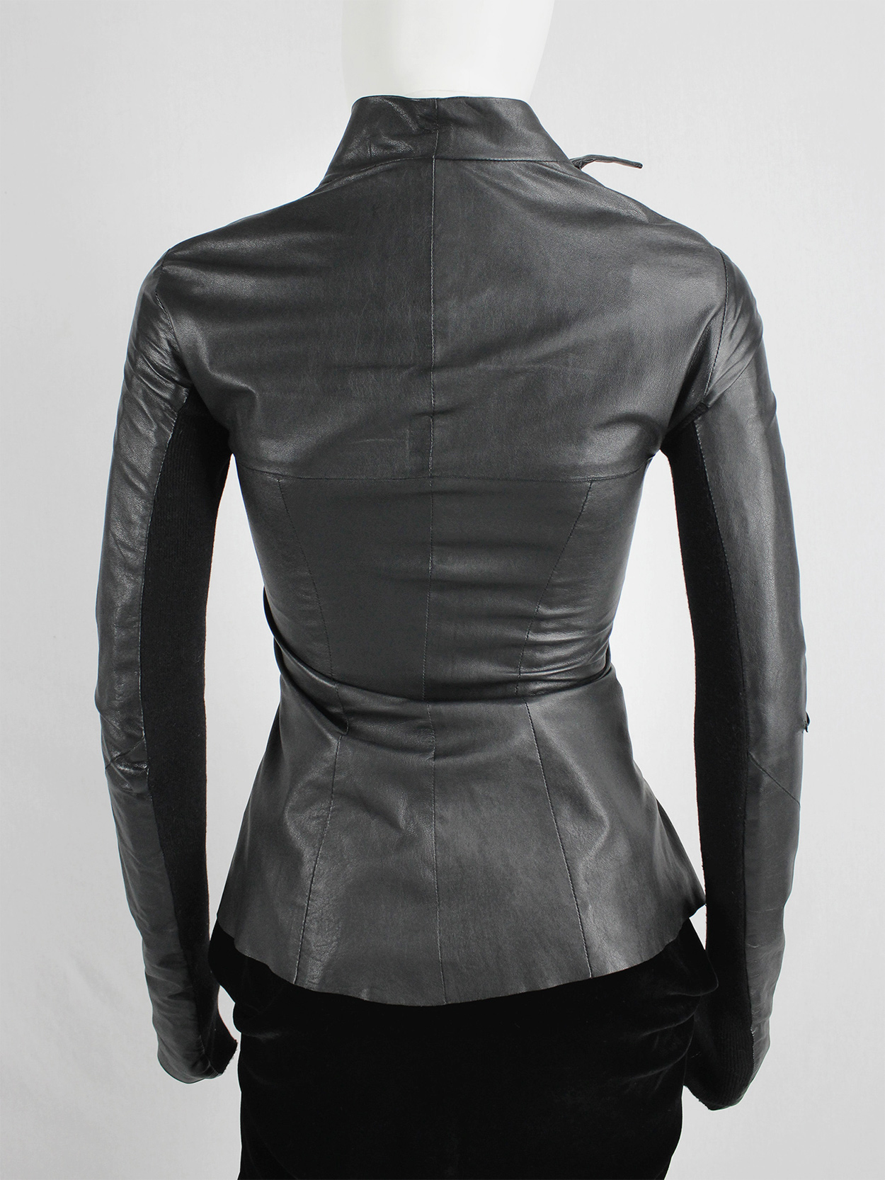 Rick Owens GLEAM black asymmetric leather jacket with high standing ...