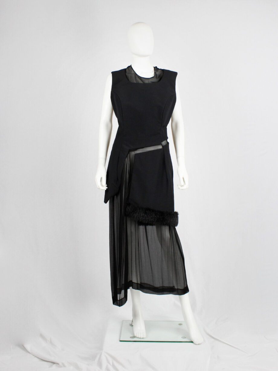 Comme des Garçons black panelled dress with faux fur trim on a sheer underlayer fall 1997 (2)