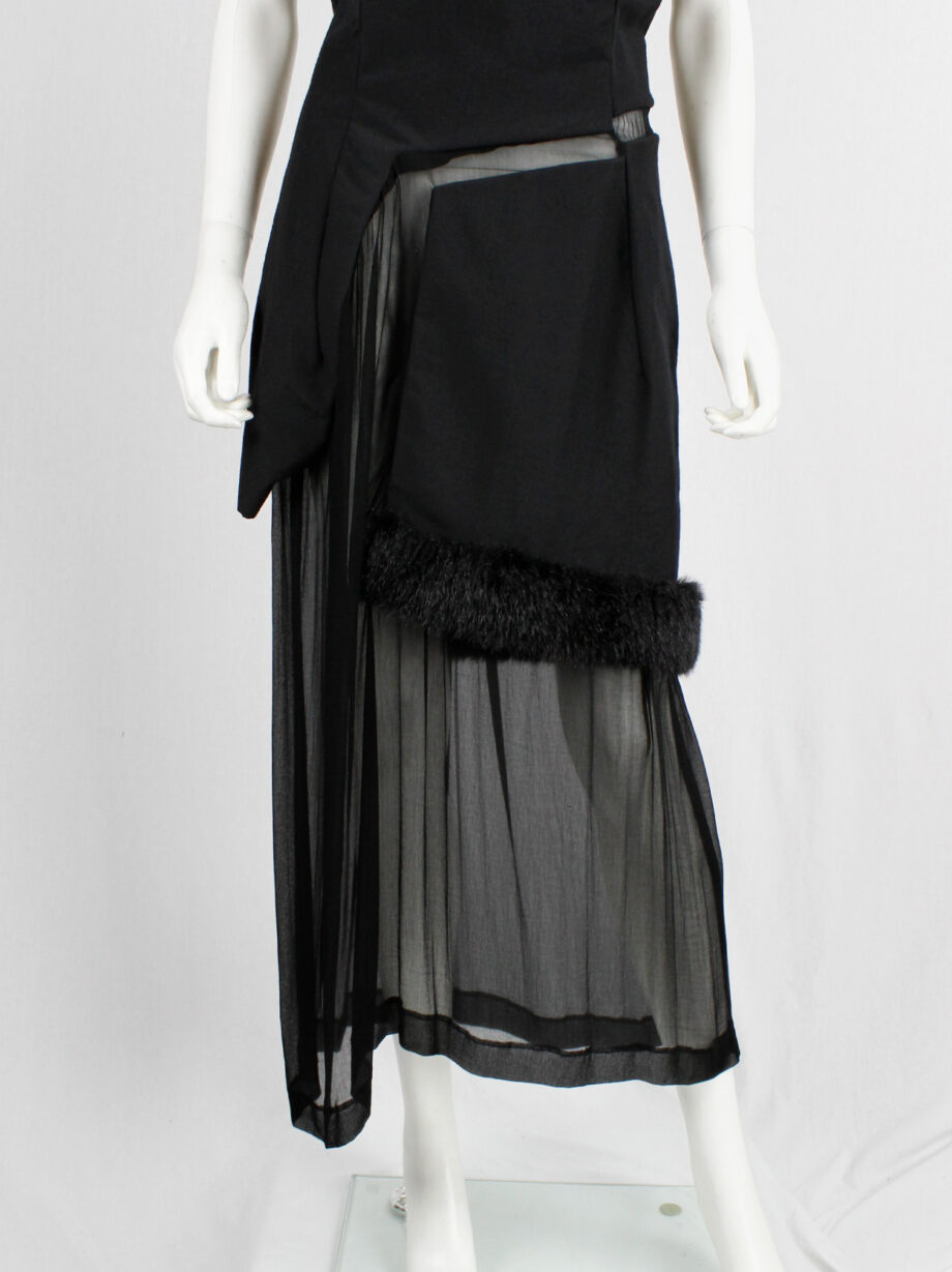 Comme des Garçons black panelled dress with faux fur trim on a sheer underlayer fall 1997 (20)