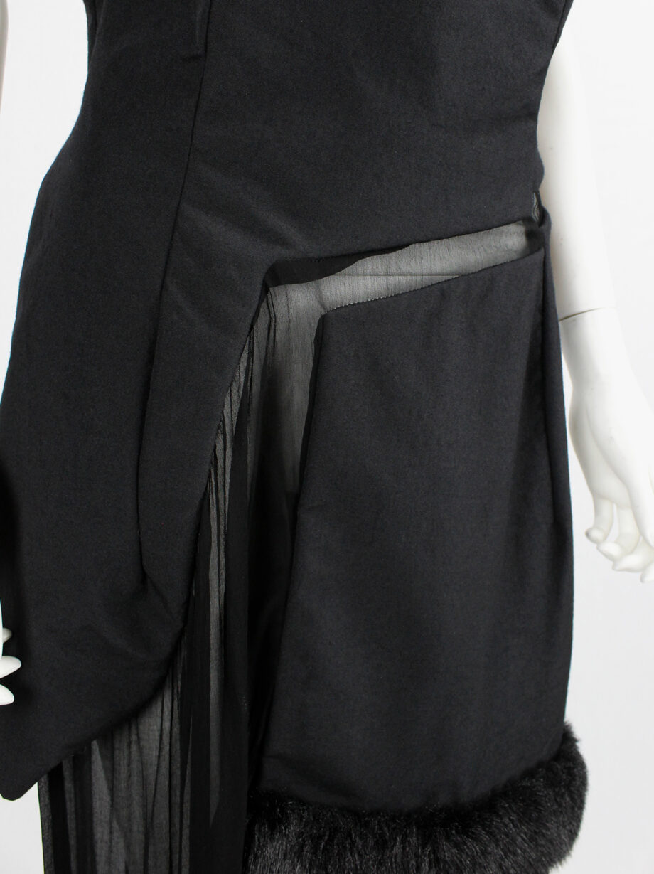 Comme des Garçons black panelled dress with faux fur trim on a sheer underlayer fall 1997 (22)
