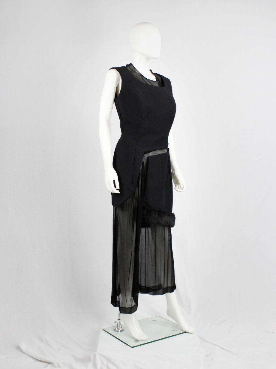 Comme des Garçons black panelled dress with faux fur trim on a sheer underlayer fall 1997 (4)