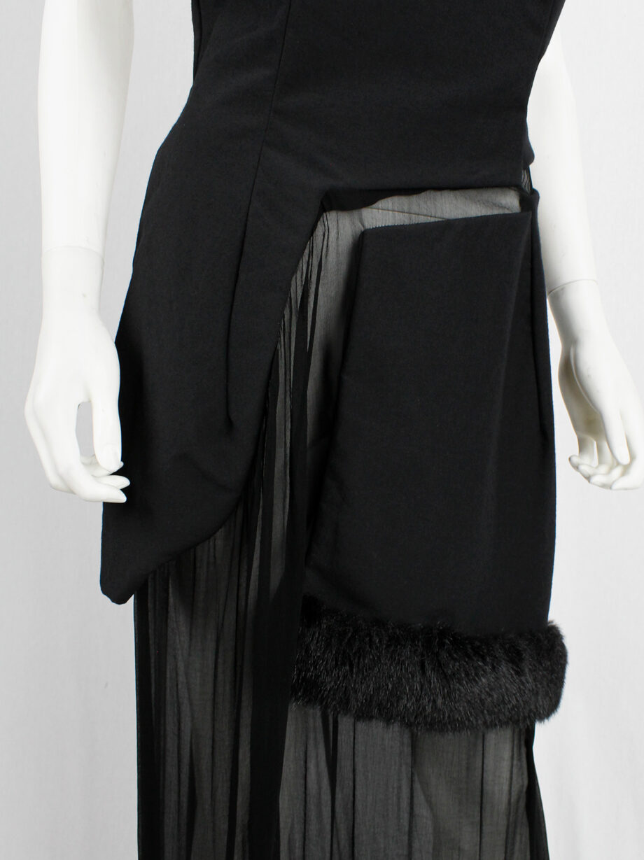 Comme des Garçons black panelled dress with faux fur trim on a sheer underlayer fall 1997 (6)