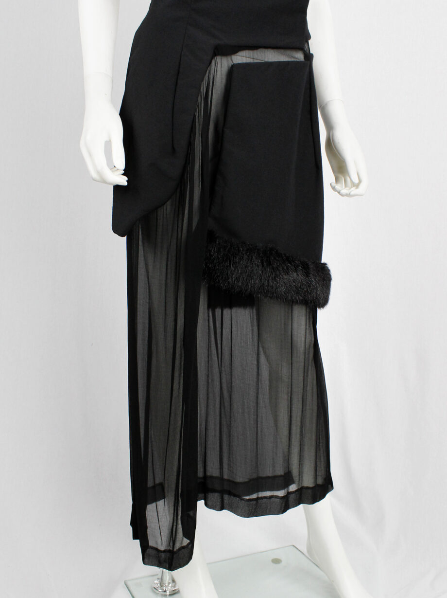 Comme des Garçons black panelled dress with faux fur trim on a sheer underlayer fall 1997 (7)