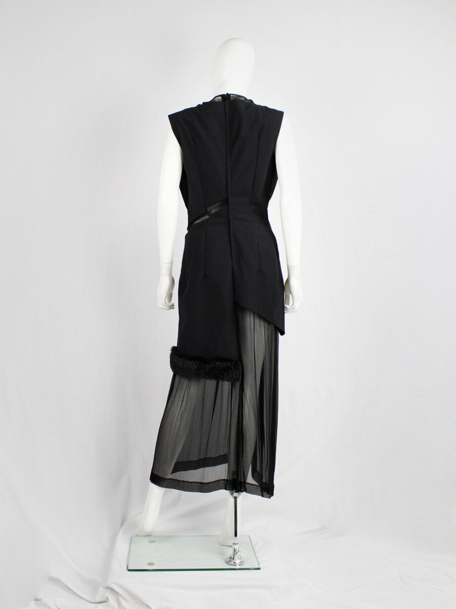 Comme des Garçons black panelled dress with faux fur trim on a sheer underlayer fall 1997 (9)