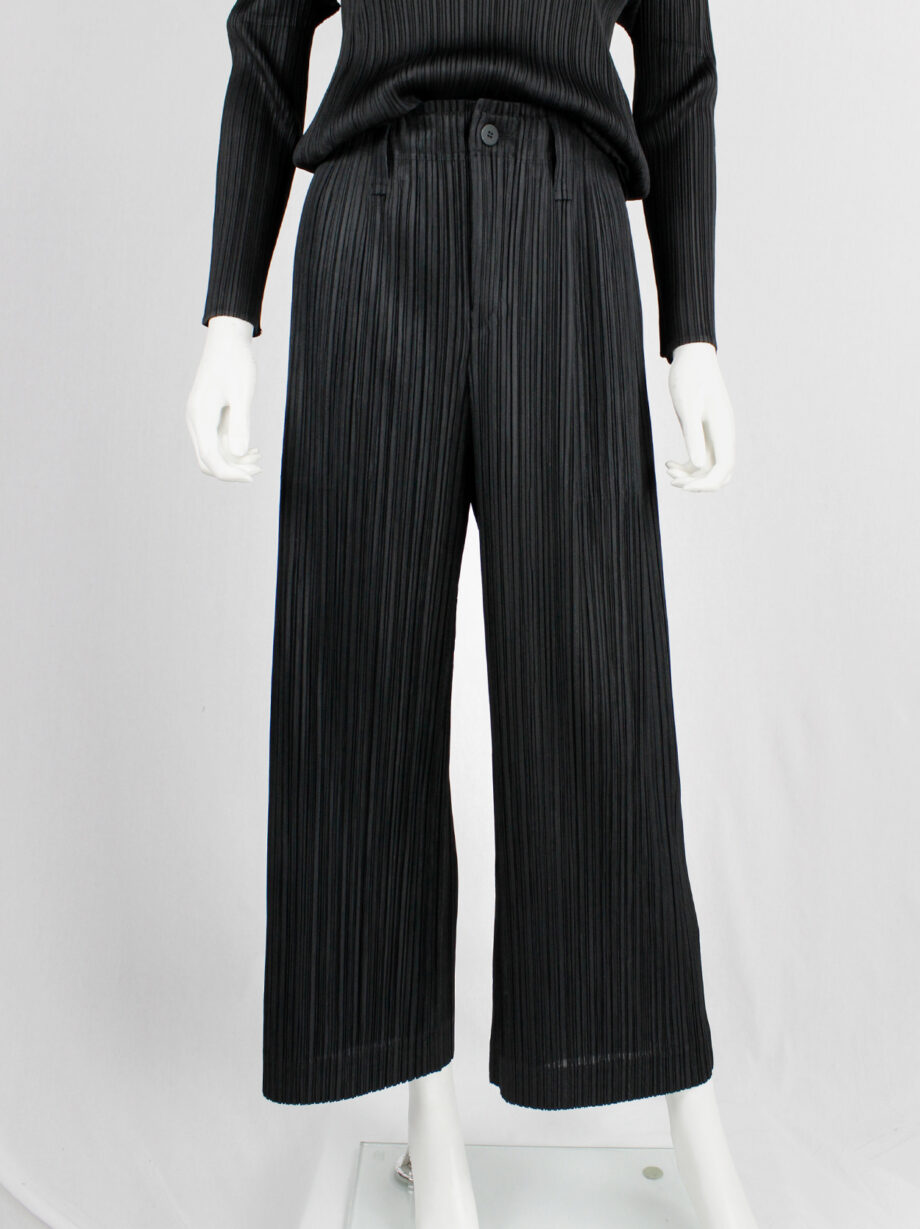 Issey Miyake Pleats Please black pleated trousers with wide legs and fake button closure (1)